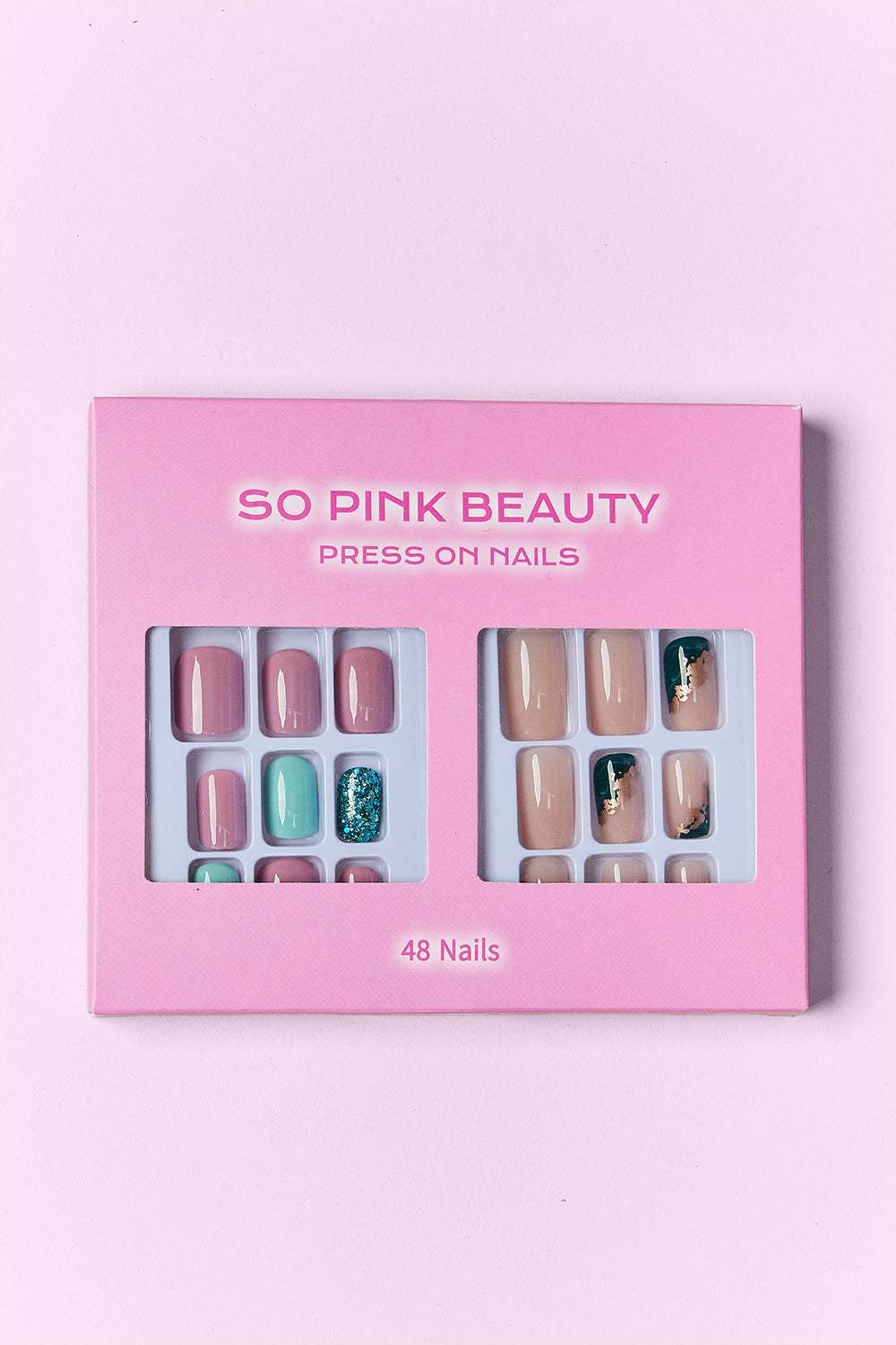 SO PINK BEAUTY Press On Nails 2 Packs featuring two unique designs in a pink package, 48 pieces total.