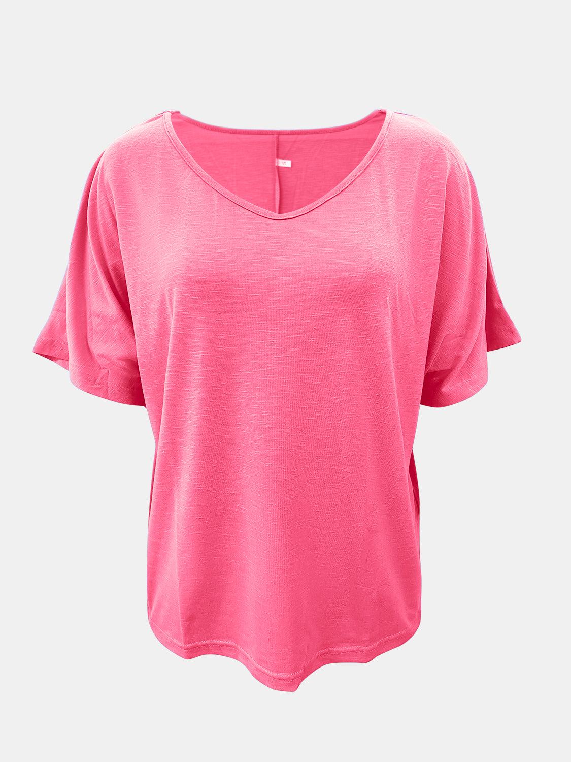 Full size scoop neck short sleeve pink T-shirt, basic style, 100% polyester.