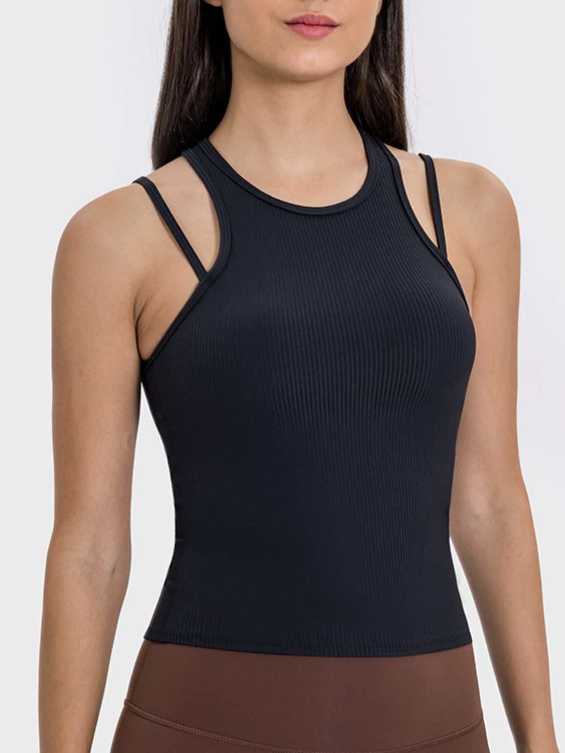 Millennia Cutout Round Neck Racerback Active Tank in black, moderate stretch, nylon-spandex blend.