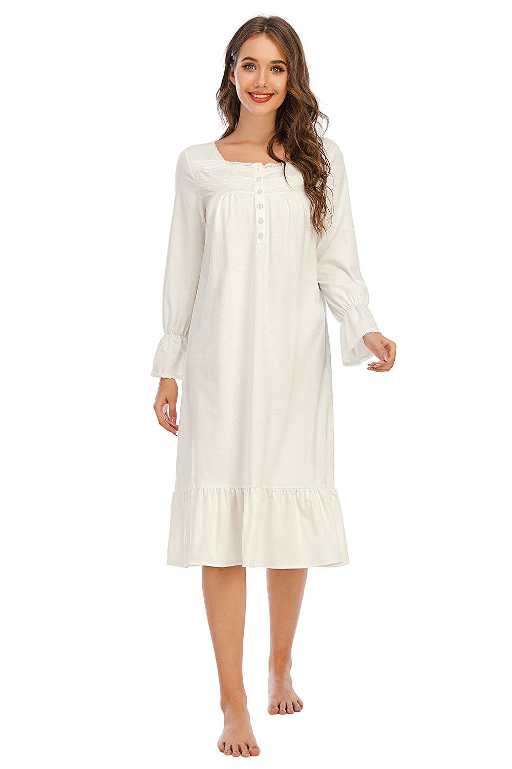 Flounce sleeve ruffle hem night dress with lace detail in white.