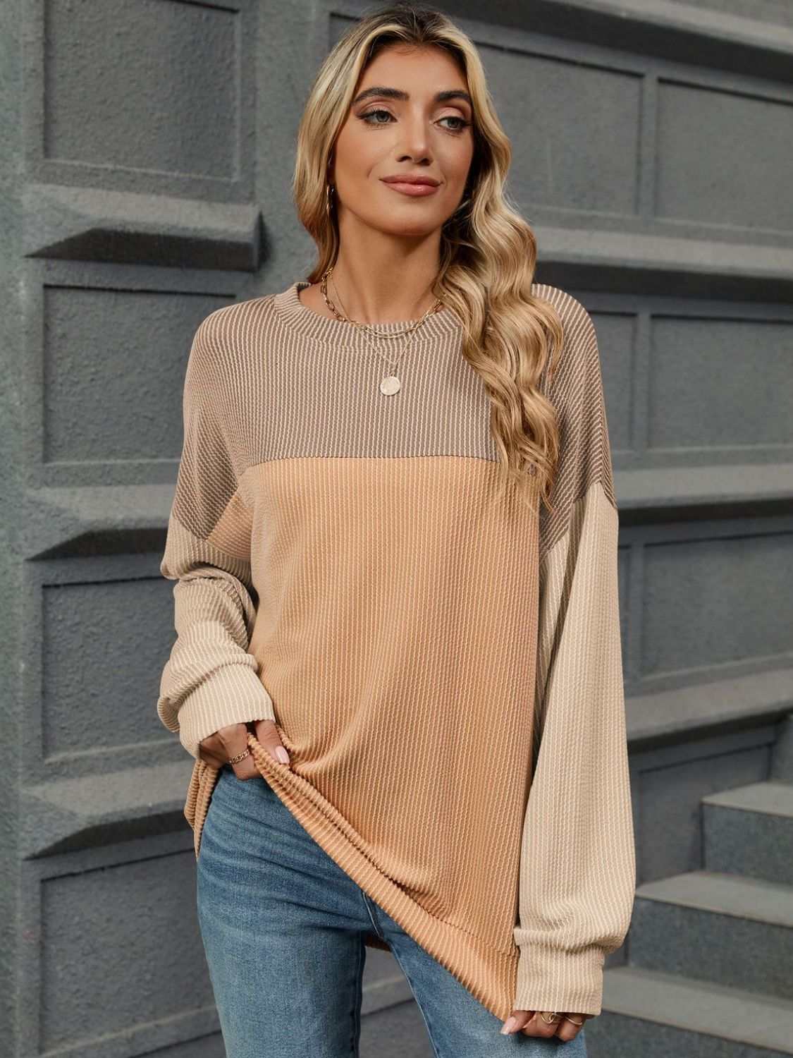 Double Take Contrast Round Neck Long Sleeve T-Shirt Sherbet