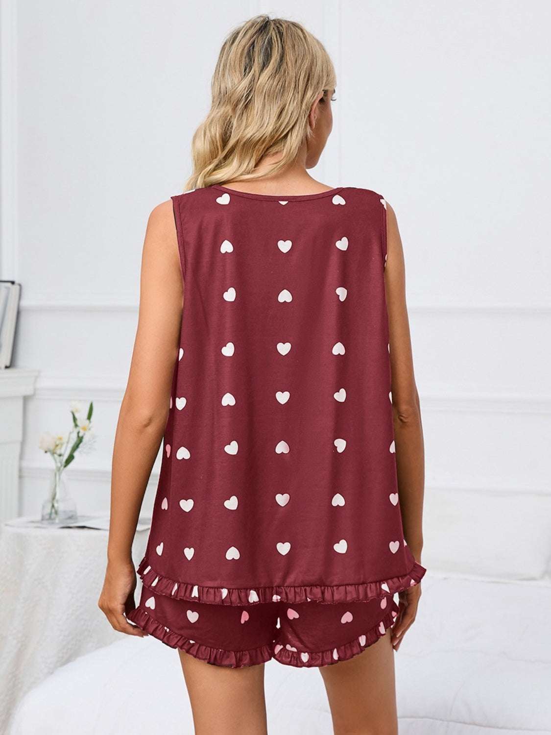 Heart scoop neck tank and shorts lounge set with heart pattern, basic style, in burgundy, slightly stretchy, polyester-spandex blend.