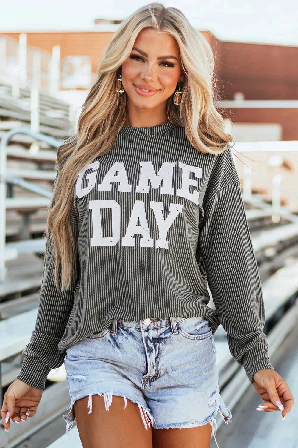 GAME DAY Striped Round Neck Long Sleeve Top Gray