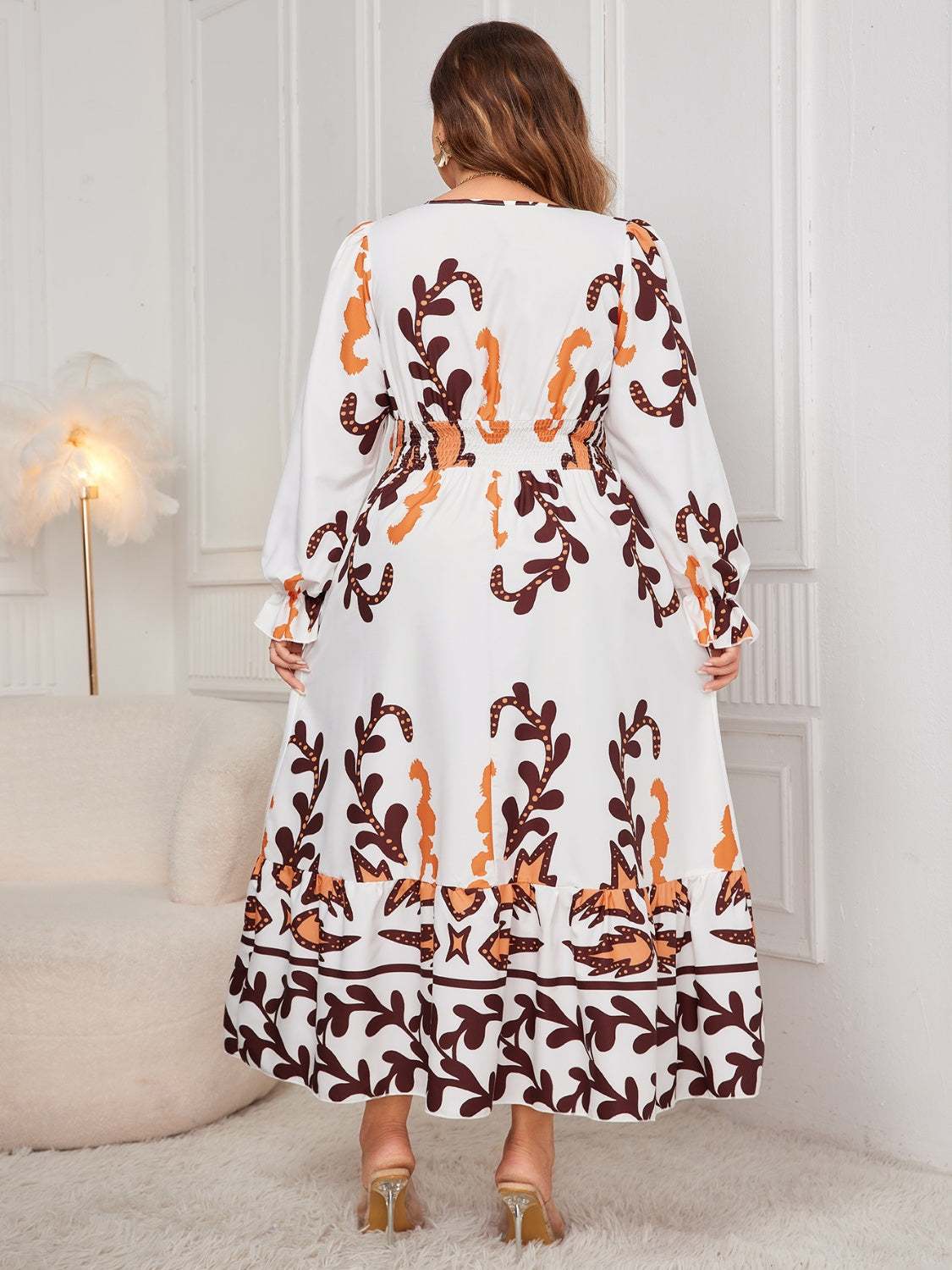 Honey Plus Size Printed Surplice Flounce Sleeve Dress White