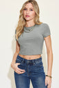 Basic Bae Full Size Ribbed Round Neck Short Sleeve T-Shirt in gray worn by model.