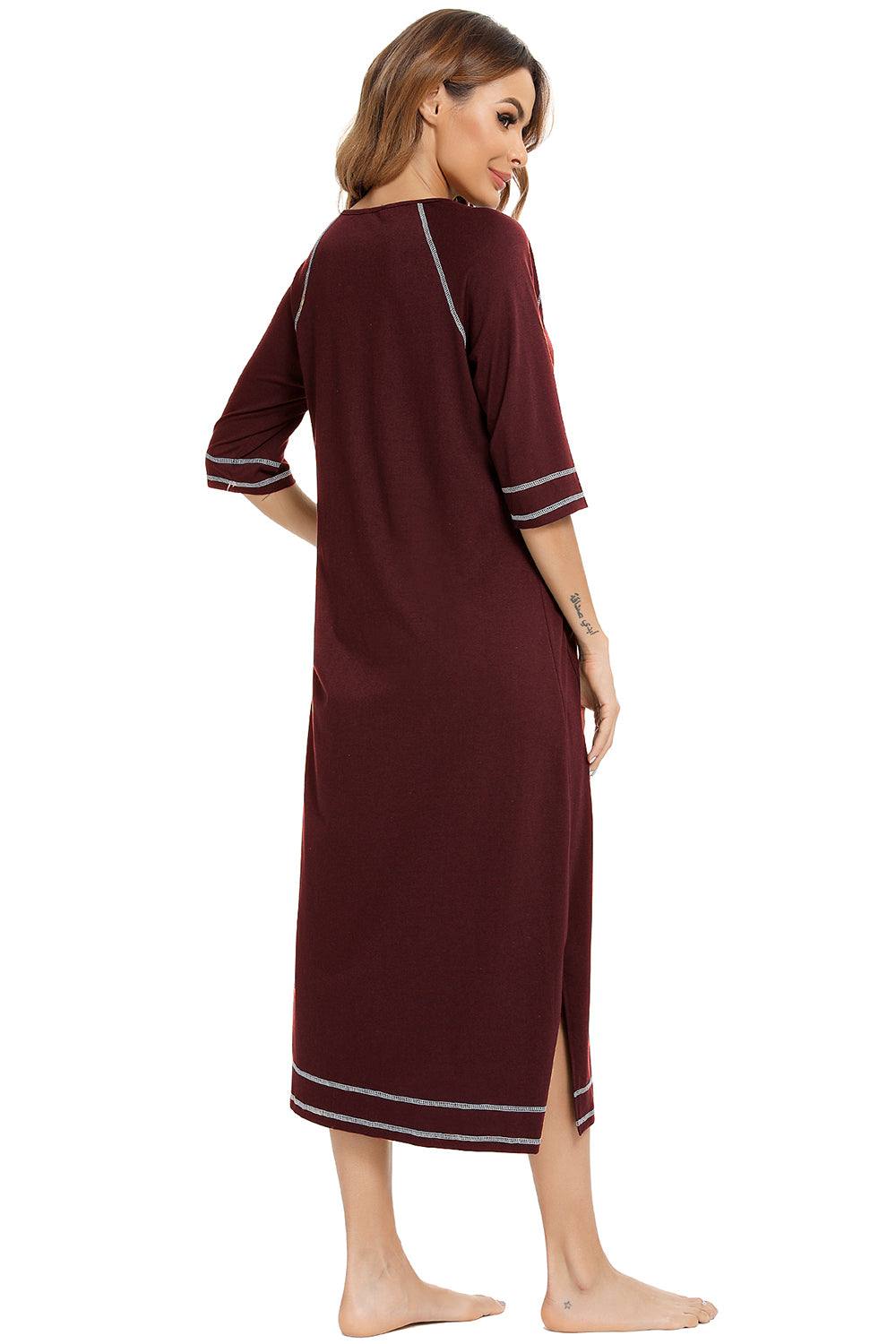 Zip Up Slit Round Neck Night Dress with Pockets in burgundy, side slit, slightly stretchy material.