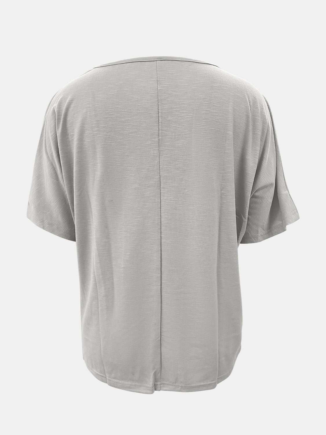 Full size scoop neck short sleeve t-shirt in light gray, back view.