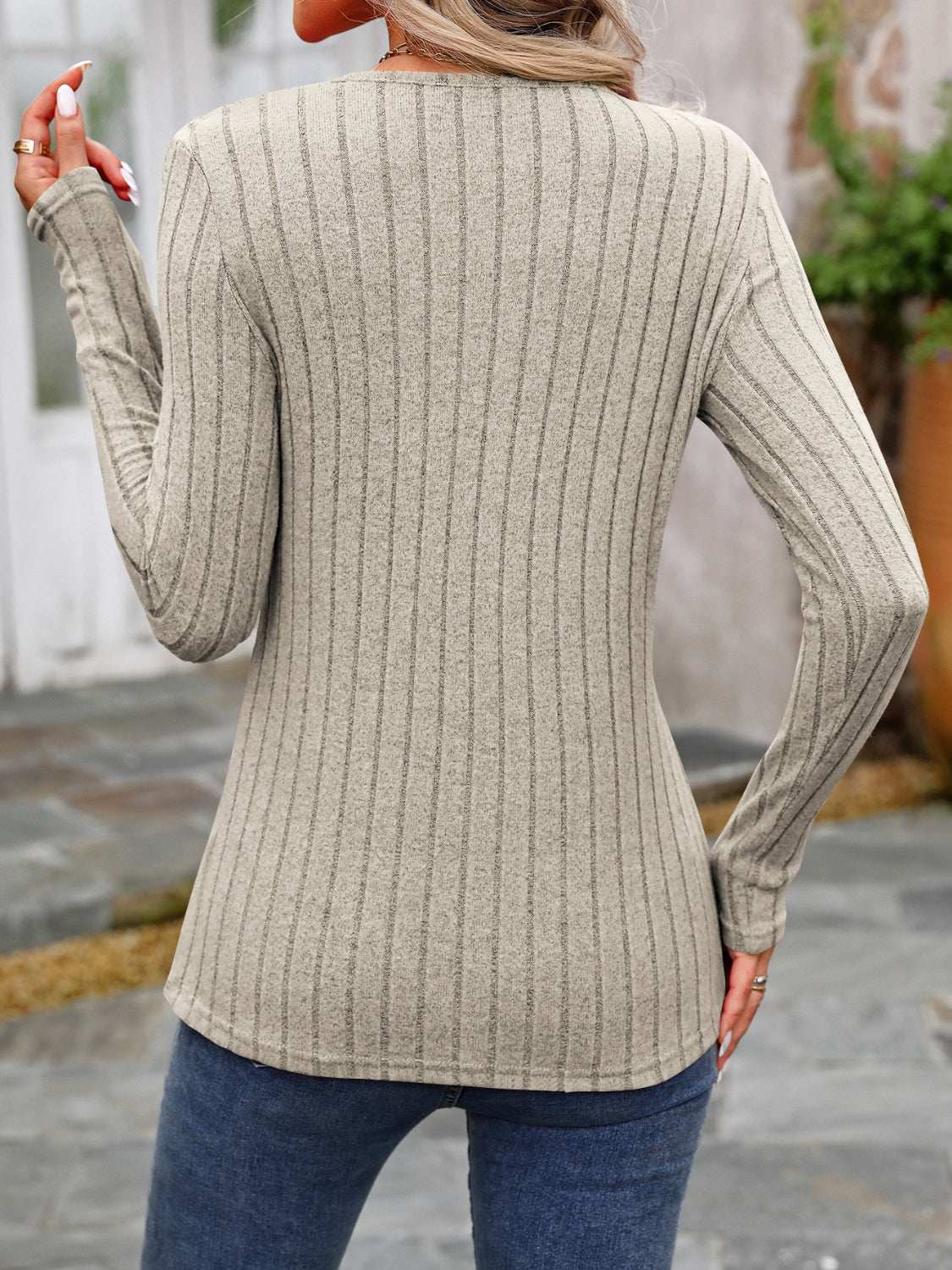 Decorative Button Round Neck Long Sleeve T-Shirt Khaki