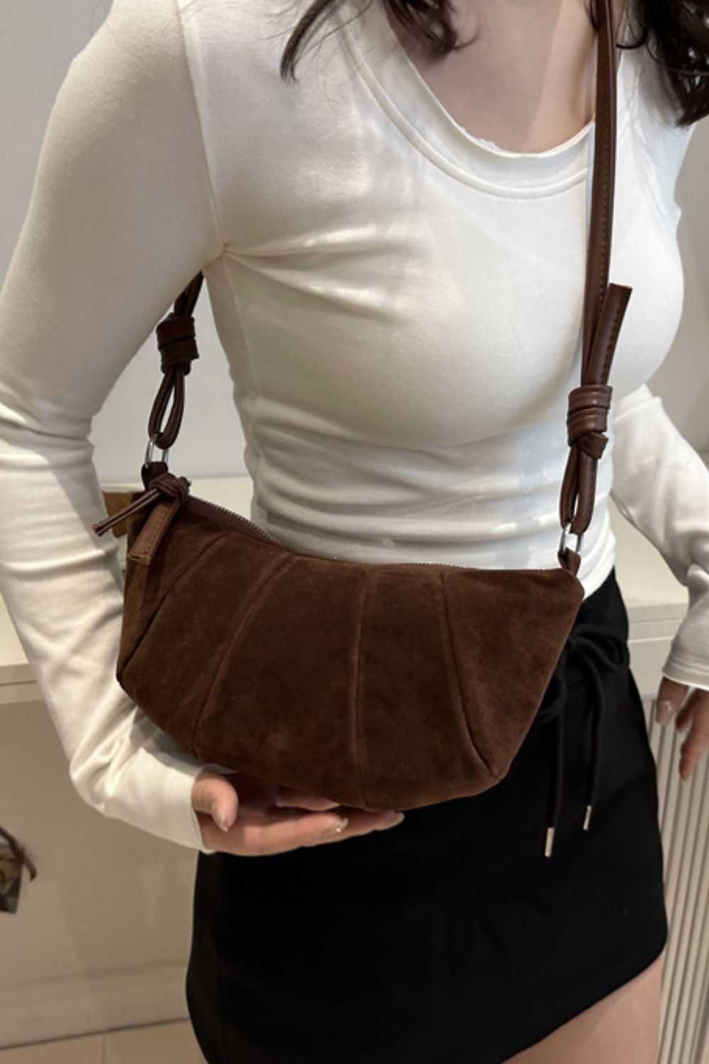 Suede Croissant Shape Shoulder Bag Chocolate 