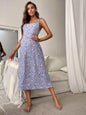 Floral printed tie shoulder midi night dress in blue, sleeveless with scoop neck.