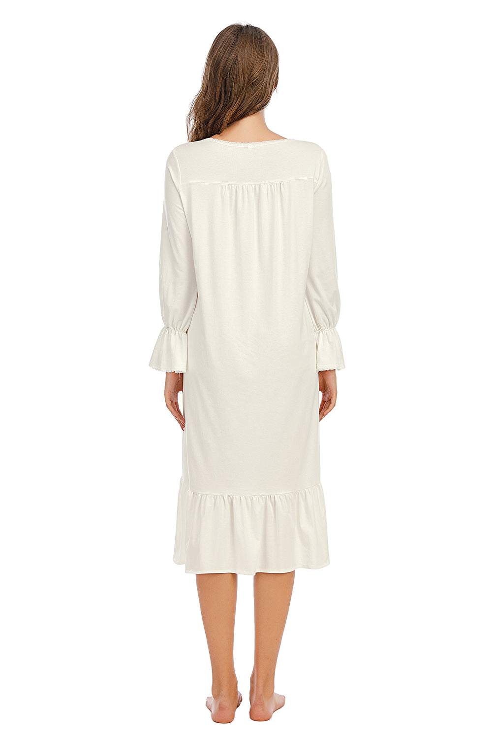 Flounce sleeve ruffle hem night dress with lace detail and opaque finish.