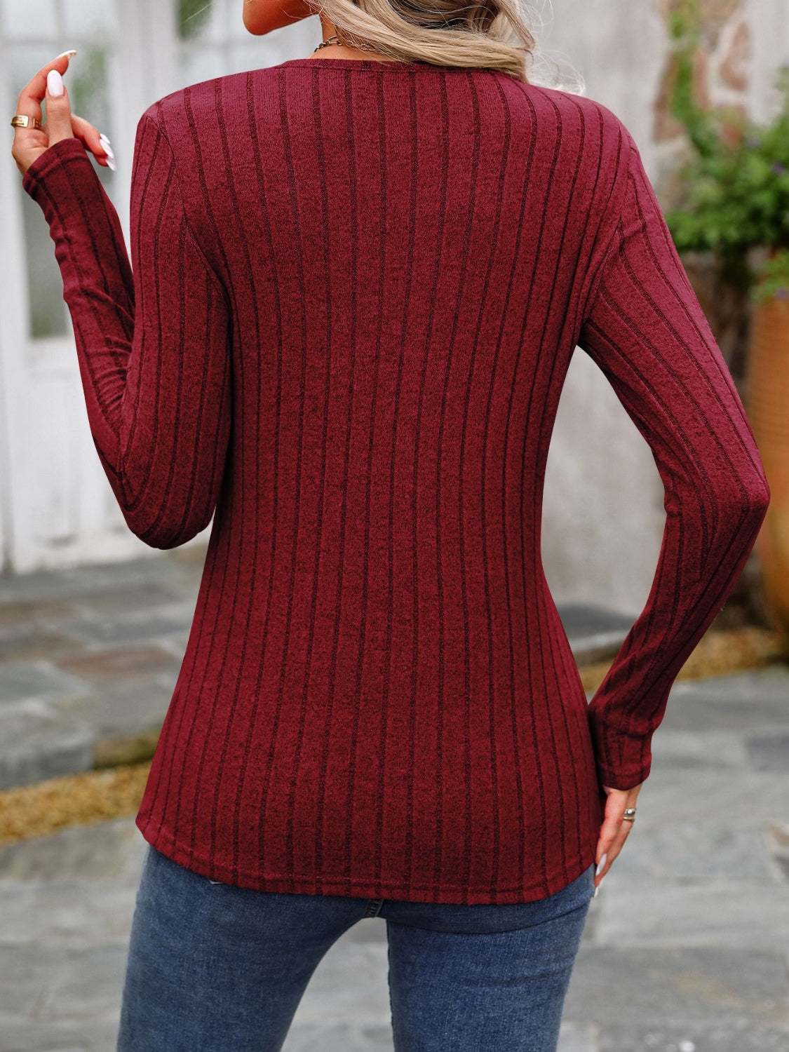 Decorative Button Round Neck Long Sleeve T-Shirt Burgundy 