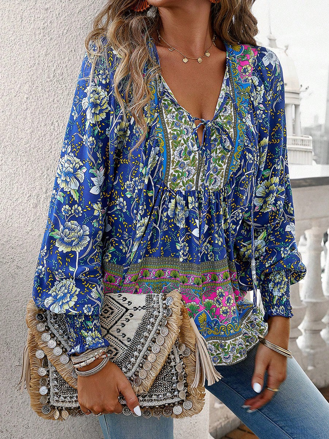 Devine Bohemian Tie Neck Lantern Sleeve Blouse