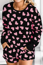 Heart Print Round Neck Lounge Set in Black and Pink