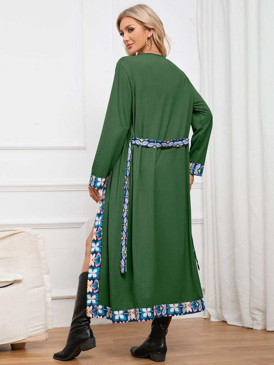 Floral Tie Front Long Sleeve Robe in green with floral trim, opaque, slightly stretchy, polyester/elastane blend.