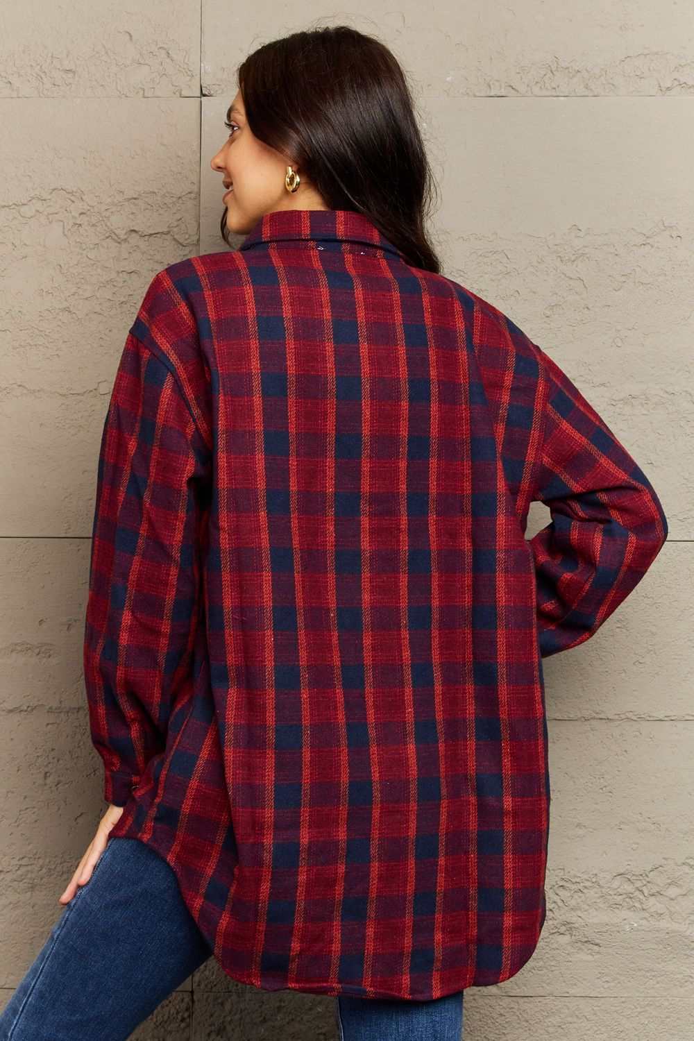 Ninexis Full Size Plaid Collared Neck Button-Down Long Sleeve Jacket Deep Red