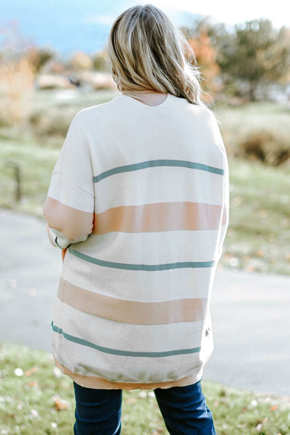 Plus Size Striped Open Front Cardigan Beige