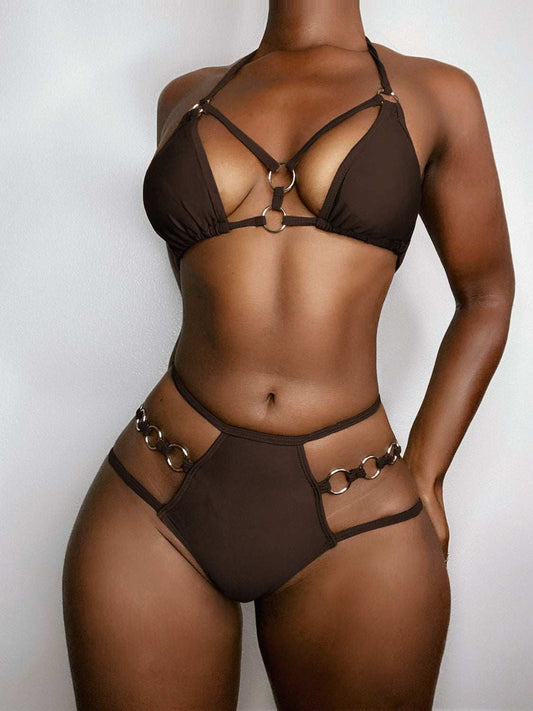 Cutout halter neck two-piece bikini set with removable padding.