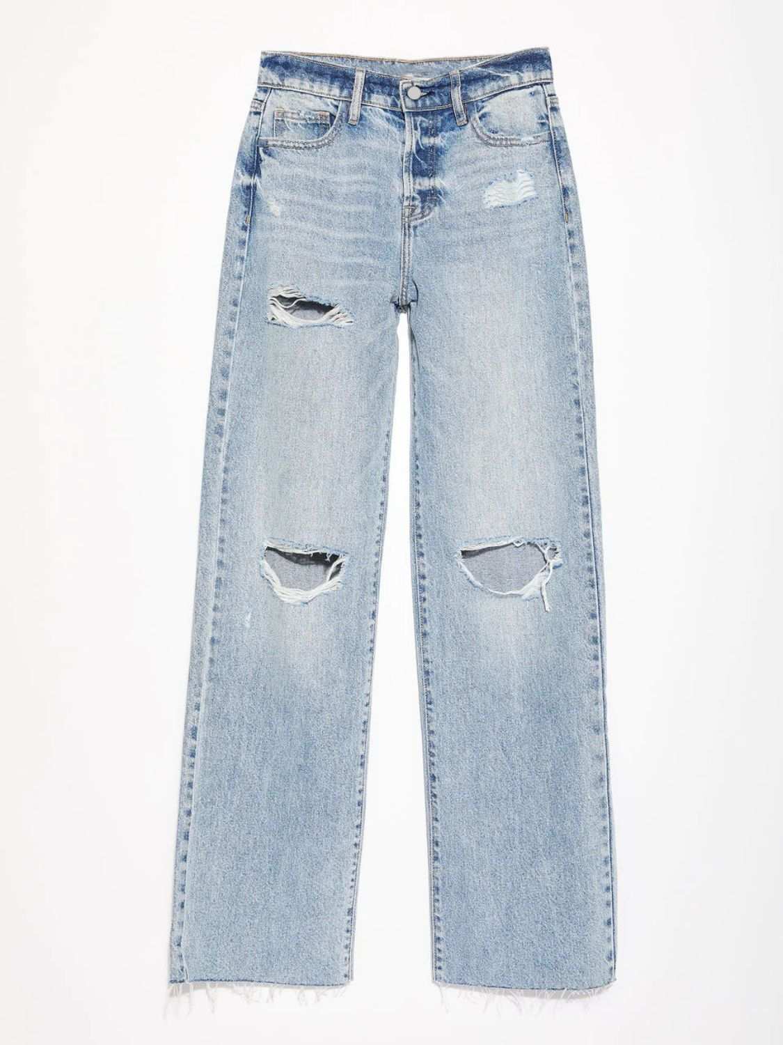 Distressed straight leg jeans with pockets and button closure.