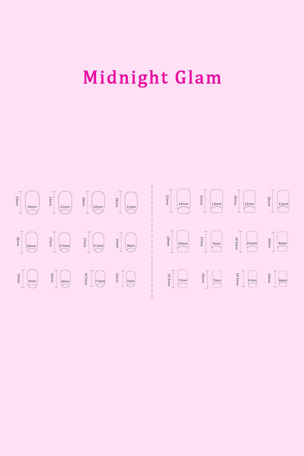 PINK BEAUTY Press On Nails sizing chart for Midnight Glam collection with various nail shapes.