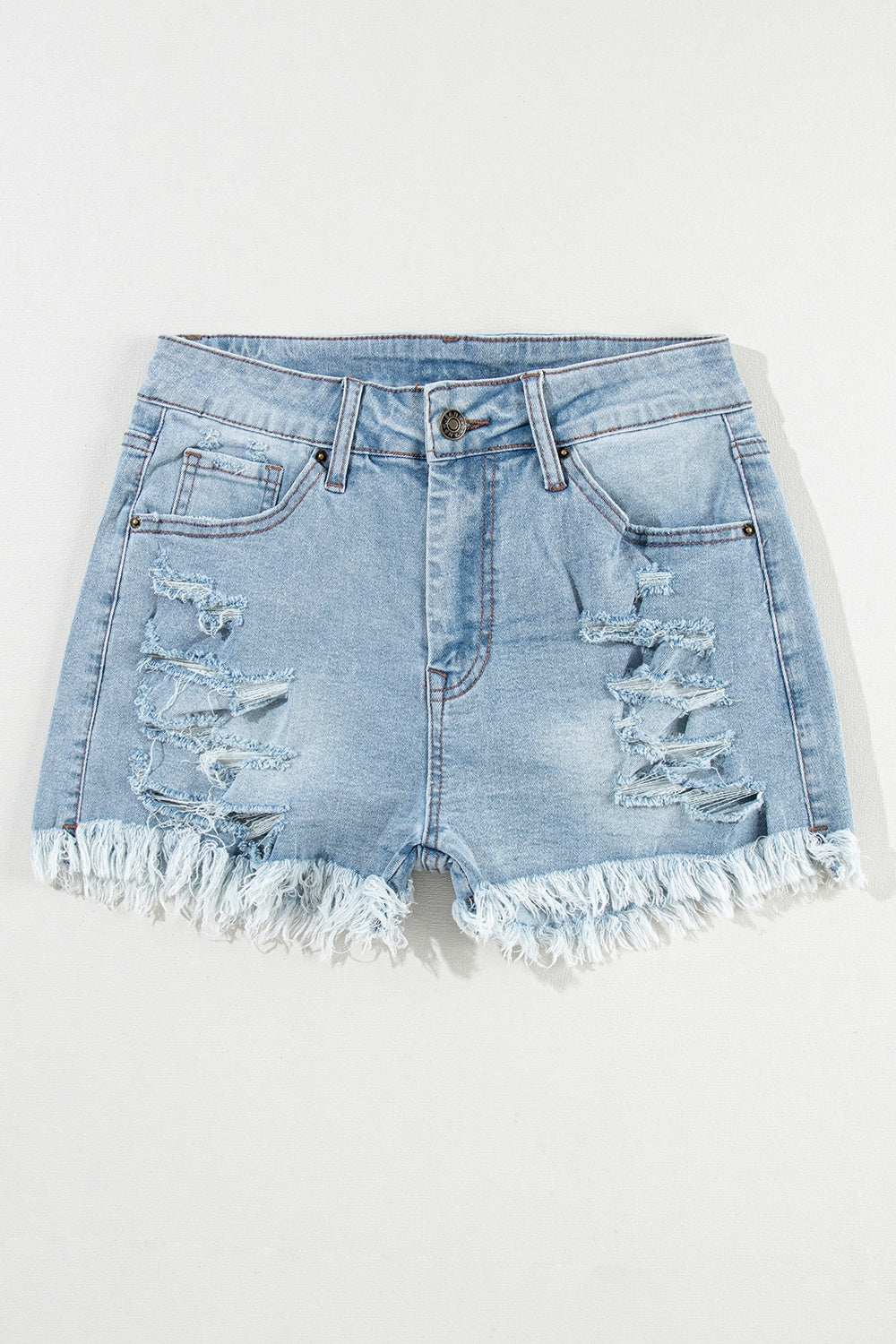 Distressed raw hem denim shorts with frayed edges and slight stretch.