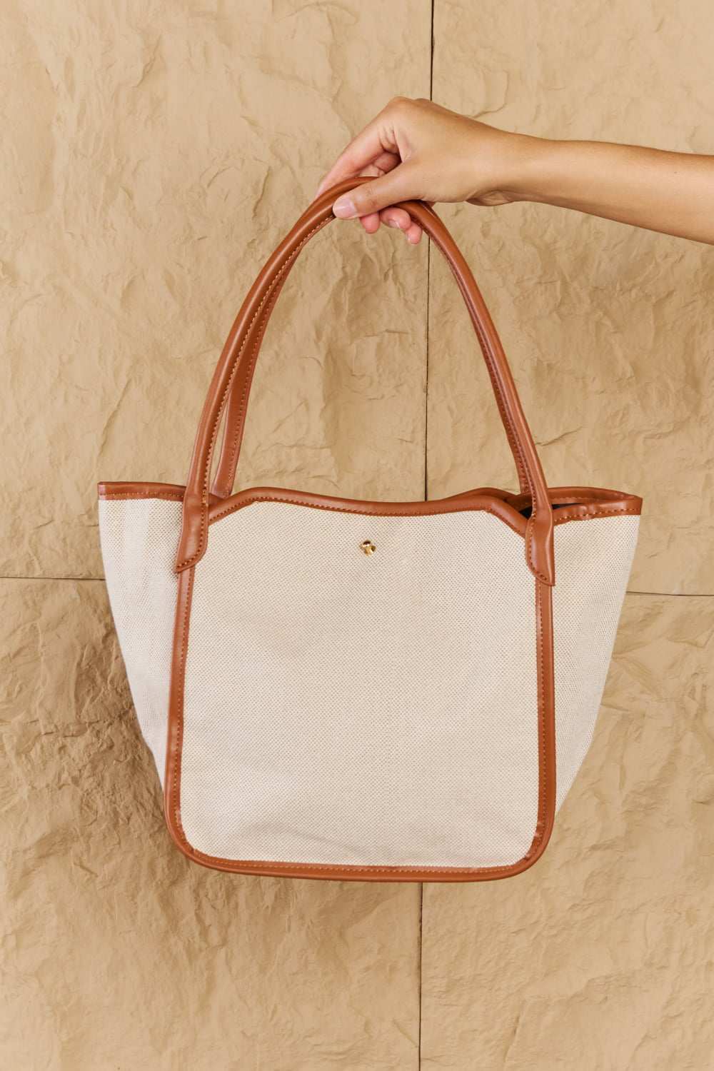 Fame Beach Chic Faux Leather Trim Tote Bag in Ochre with spacious design and faux leather accents.