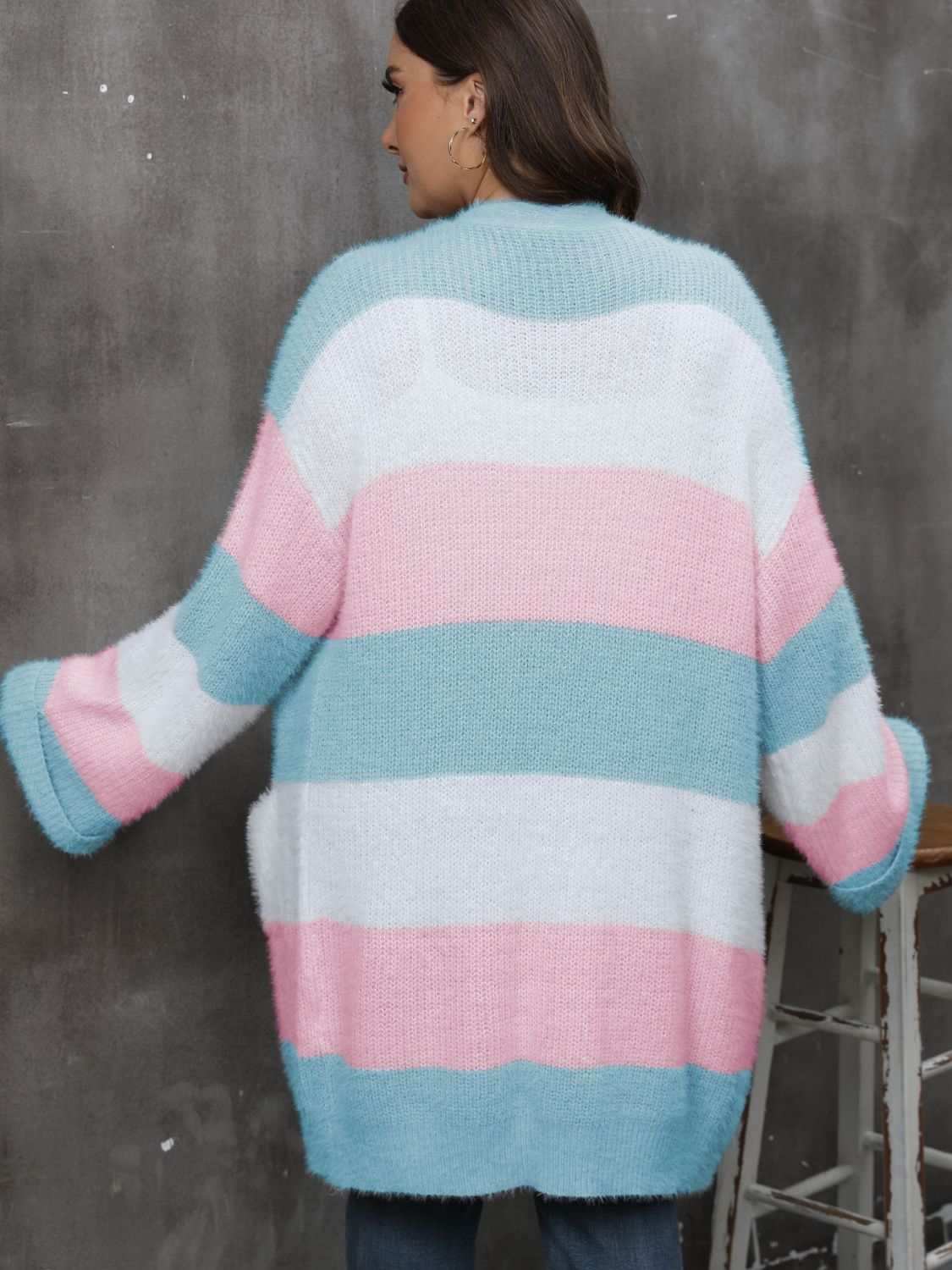 Plus size open front long sleeve cardigan in pastel stripes, made from 100% acrylic.