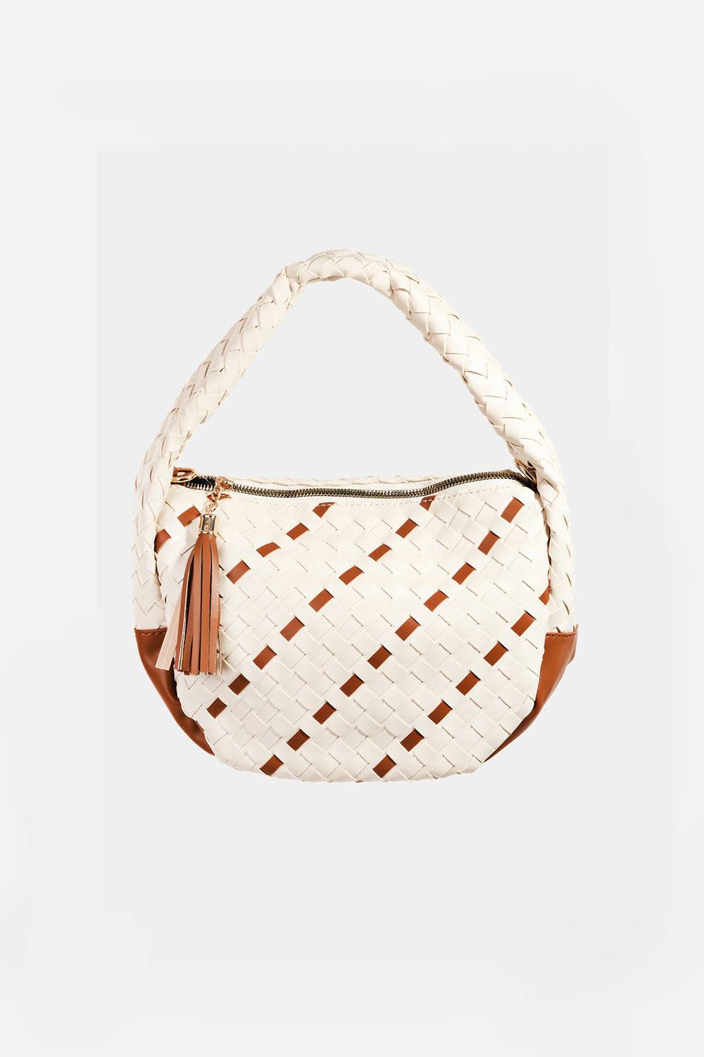 Fame Tassel Detail Weave Semi Circle Bag in faux leather with basket weave design.