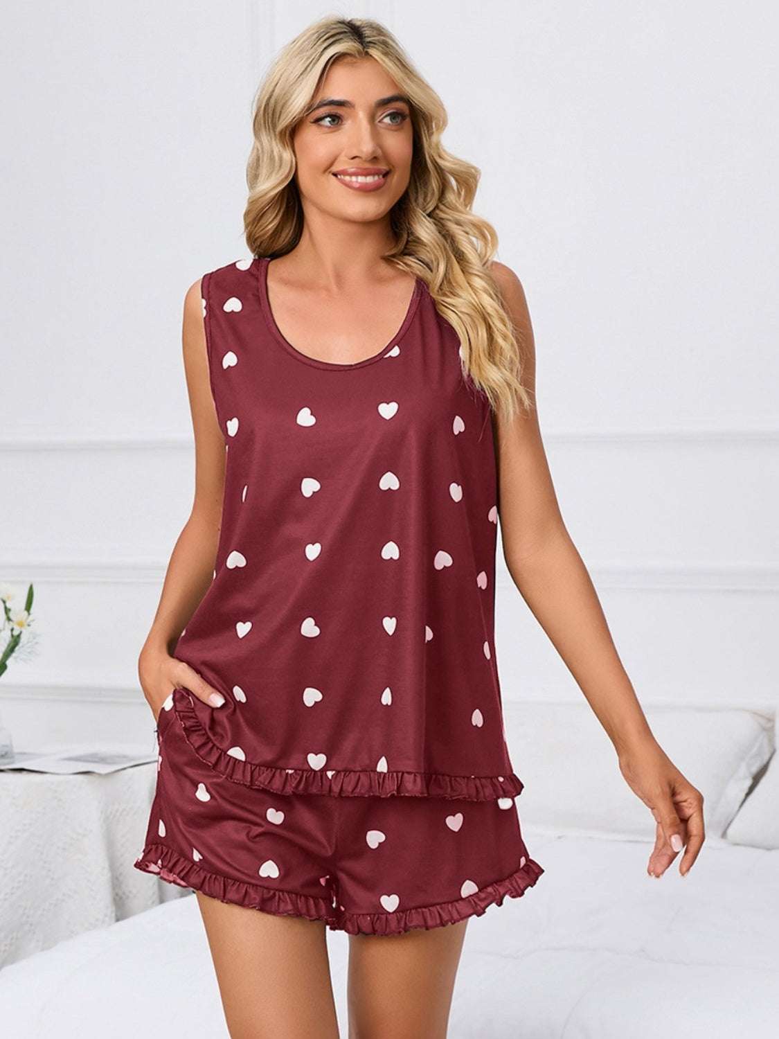 Heart scoop neck tank and shorts lounge set with heart pattern, sleeveless, comfortable fit.