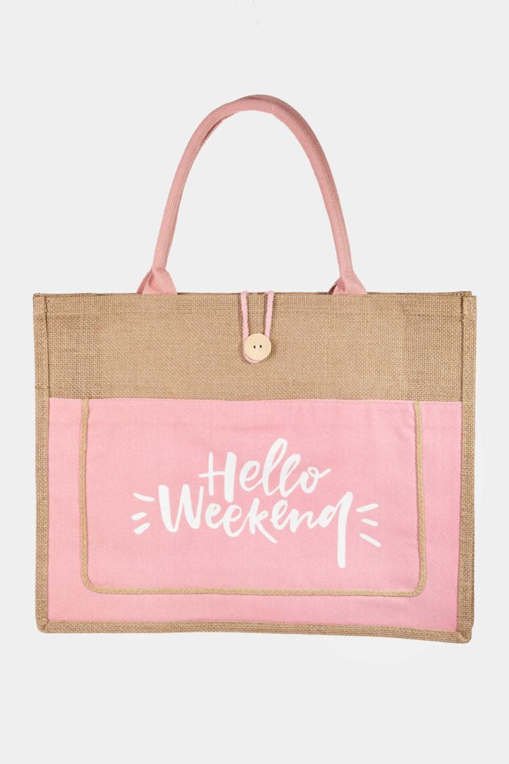 Fame Hello Weekend Burlap Tote Bag