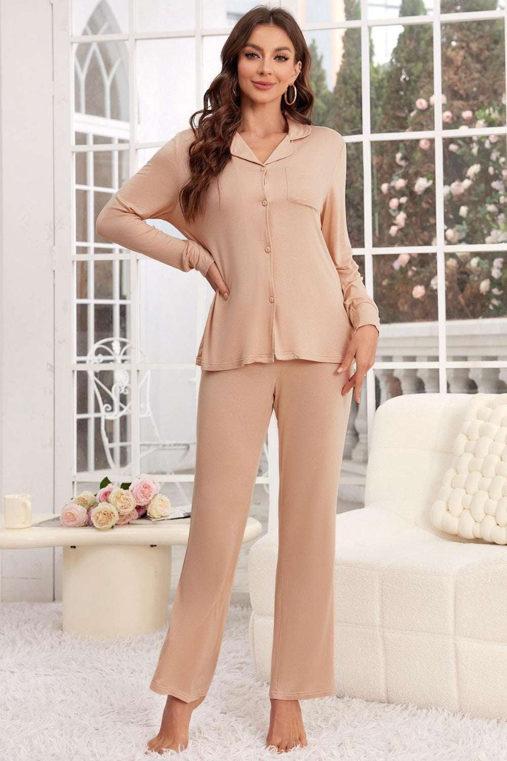 Button up long sleeve top and pants lounge set in tan color.