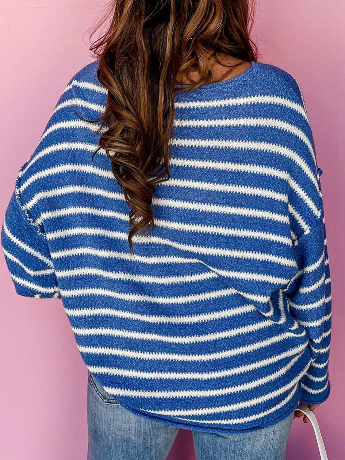 Plus size striped round neck dropped shoulder sweater in blue and white.