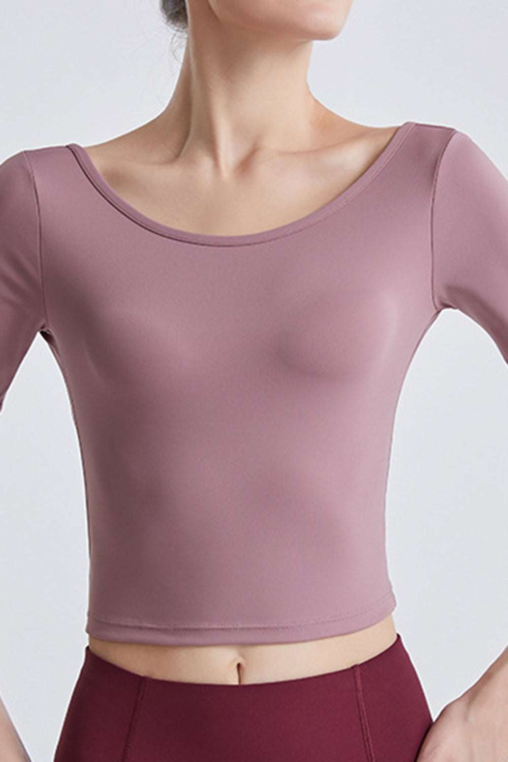 Cutout backless round neck active t-shirt in pink, highly stretchy.