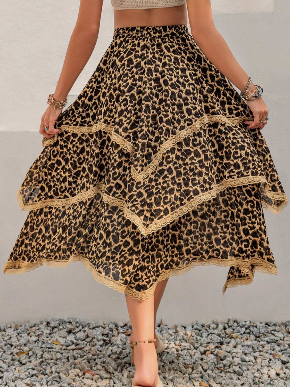 Lace Detail Layered Printed Skirt Leopard 