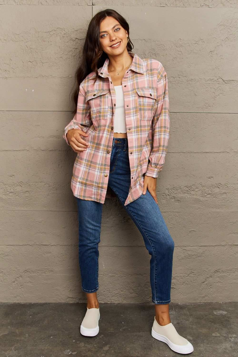 Ninexis Full Size Plaid Collared Neck Button-Down Long Sleeve Jacket Blush Pink