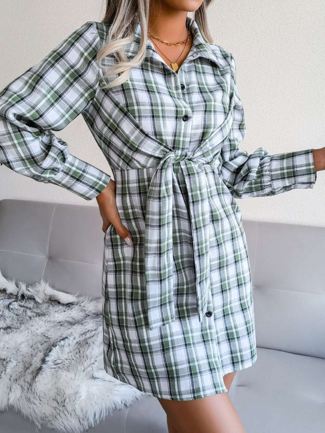 Tied Plaid Long Sleeve Mini Shirt Dress Green