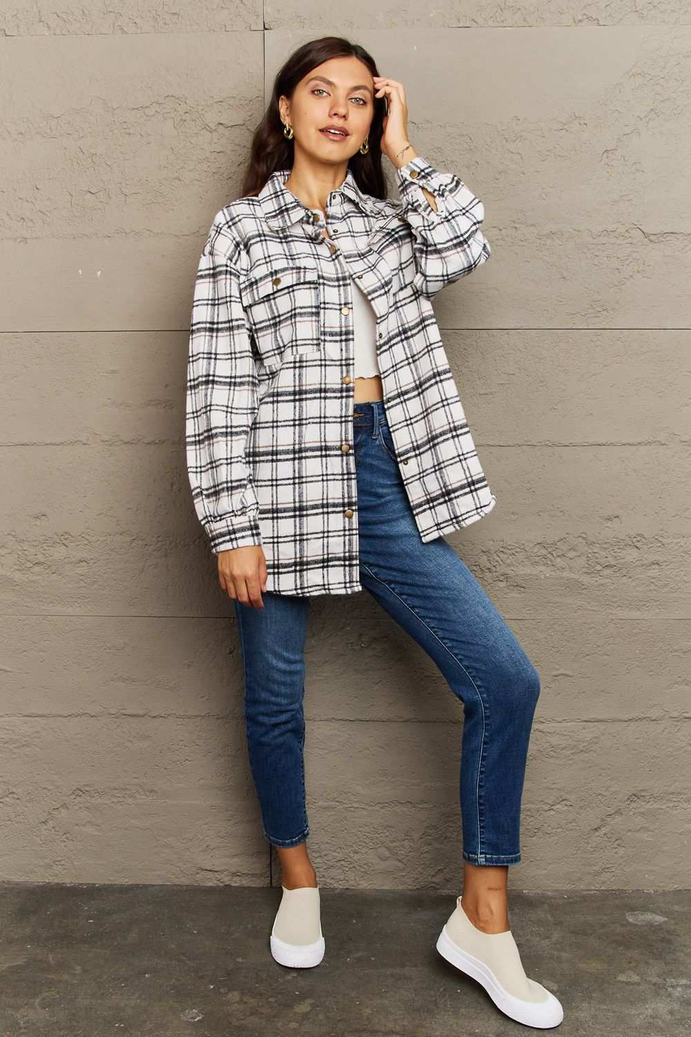 Ninexis Full Size Plaid Collared Neck Button-Down Long Sleeve Jacket White