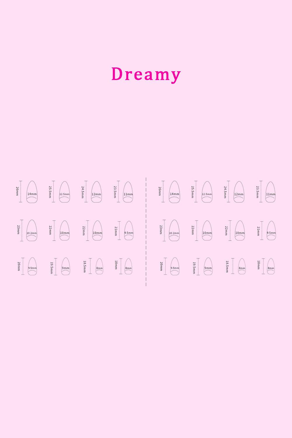 Pink press-on nail size chart for Dreamy design.