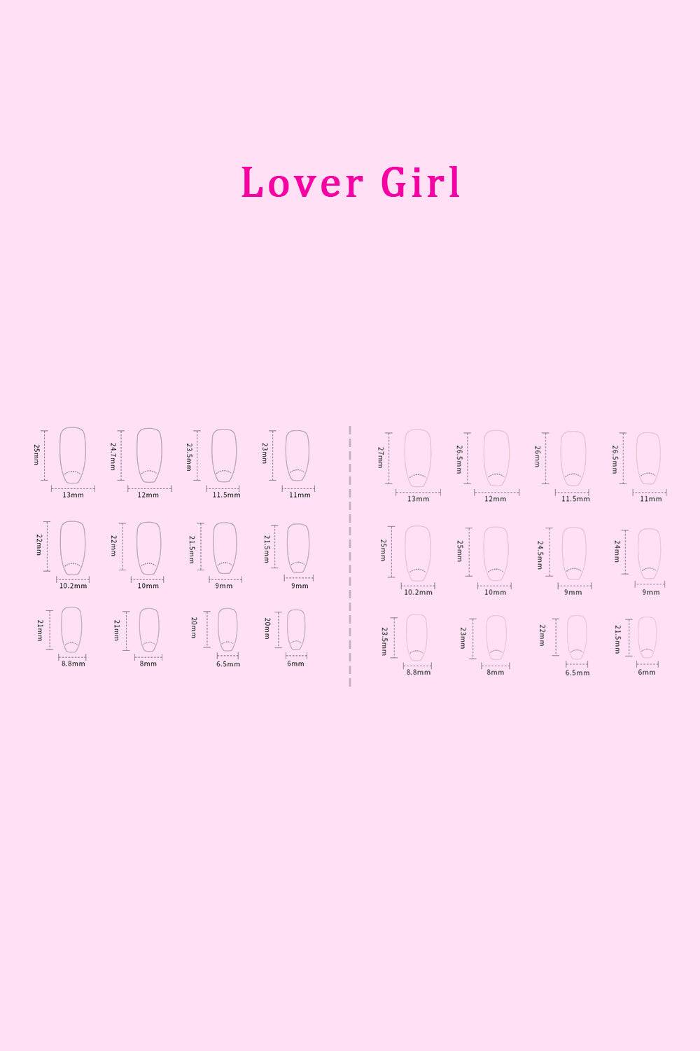 Lover Girl press-on nail sizing chart on pink background.