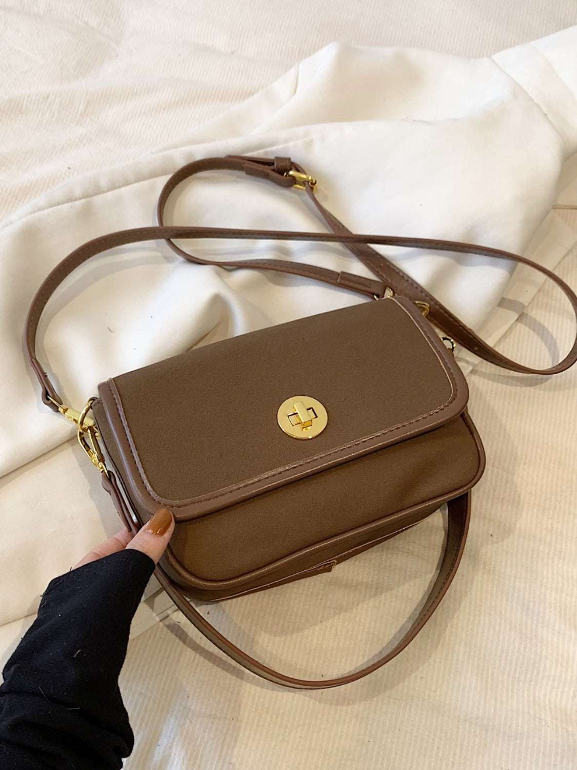 Small PU Leather Suede Twist-Lock Shoulder Bag in brown with gold hardware.