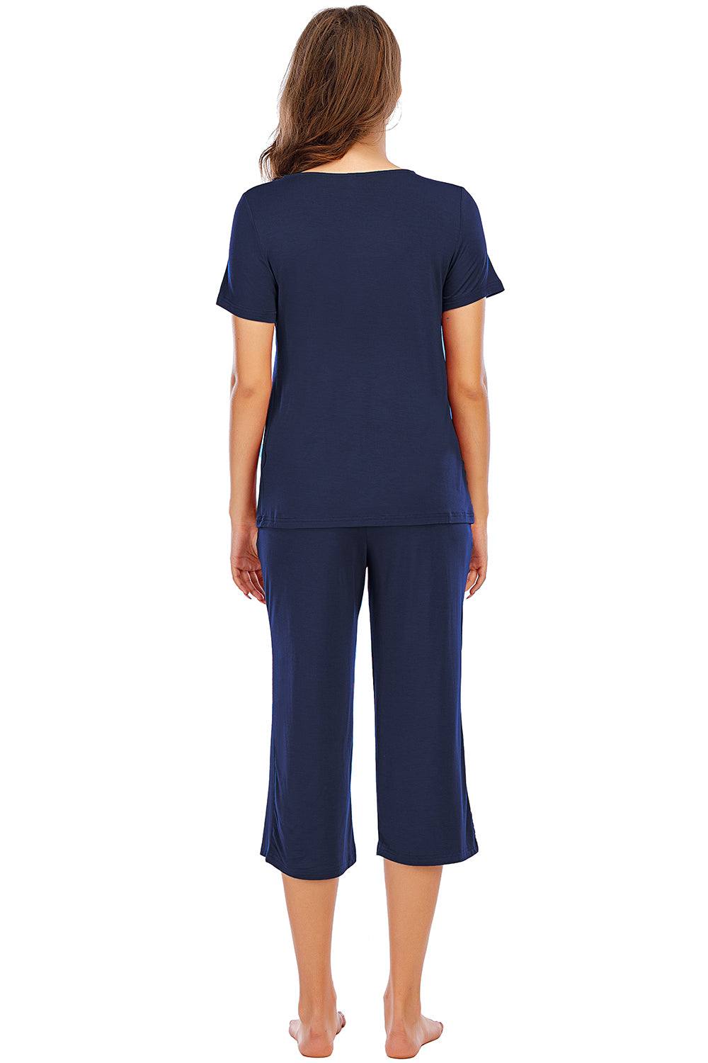 V-Neck short sleeve top and pants lounge set in navy blue, stretchy and opaque.