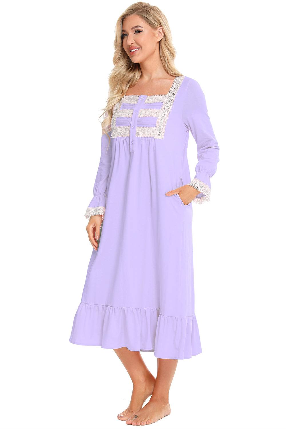 Lace detail square neck flounce sleeve night dress in lavender.