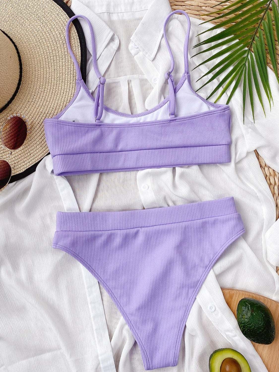 Scoop Neck Spaghetti Strap Two-Piece Swim Set in purple fabric with removable padding and no underwire, made of 82% polyester and 18% spandex.