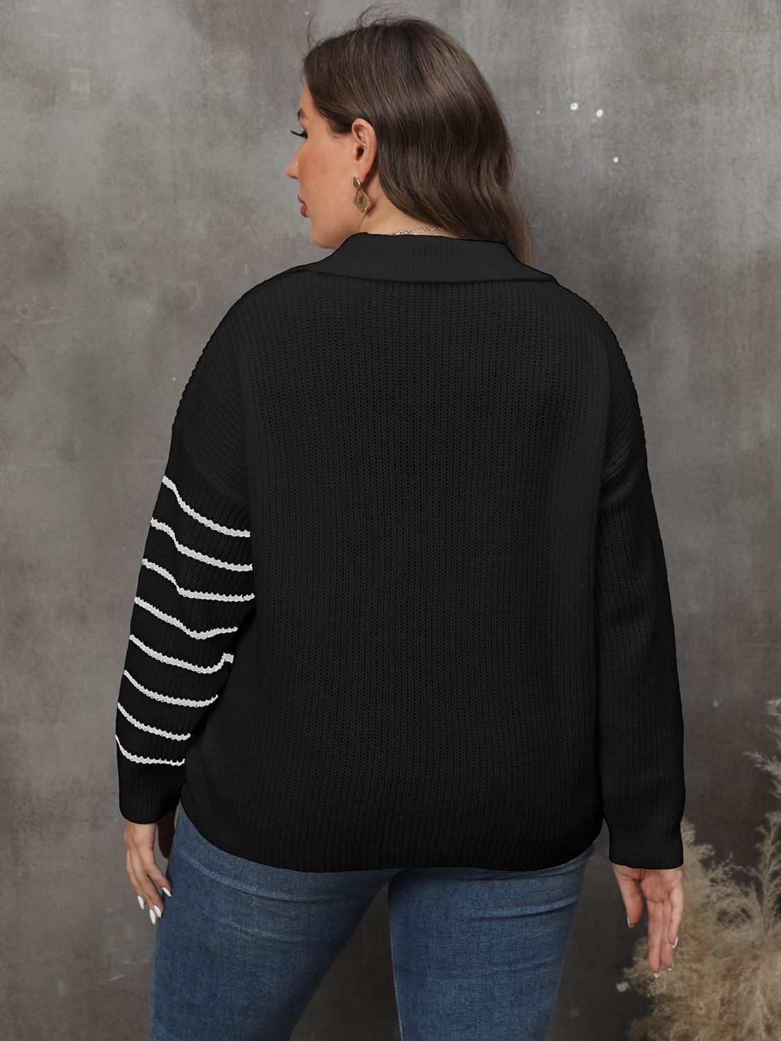 Plus size striped V-neck sweater with long sleeves and chic Johnny collar.