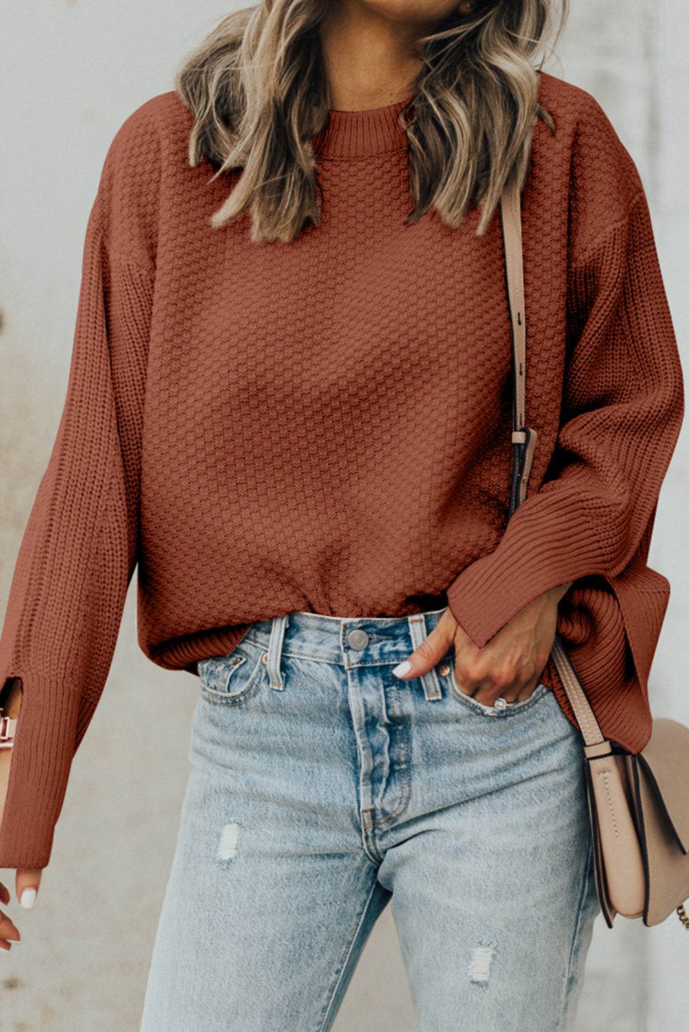 Textured Round Neck Long Sleeve Sweater Dark Brown