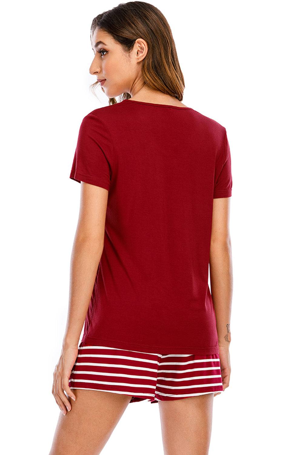 Graphic round neck top with striped shorts lounge set in red and white.