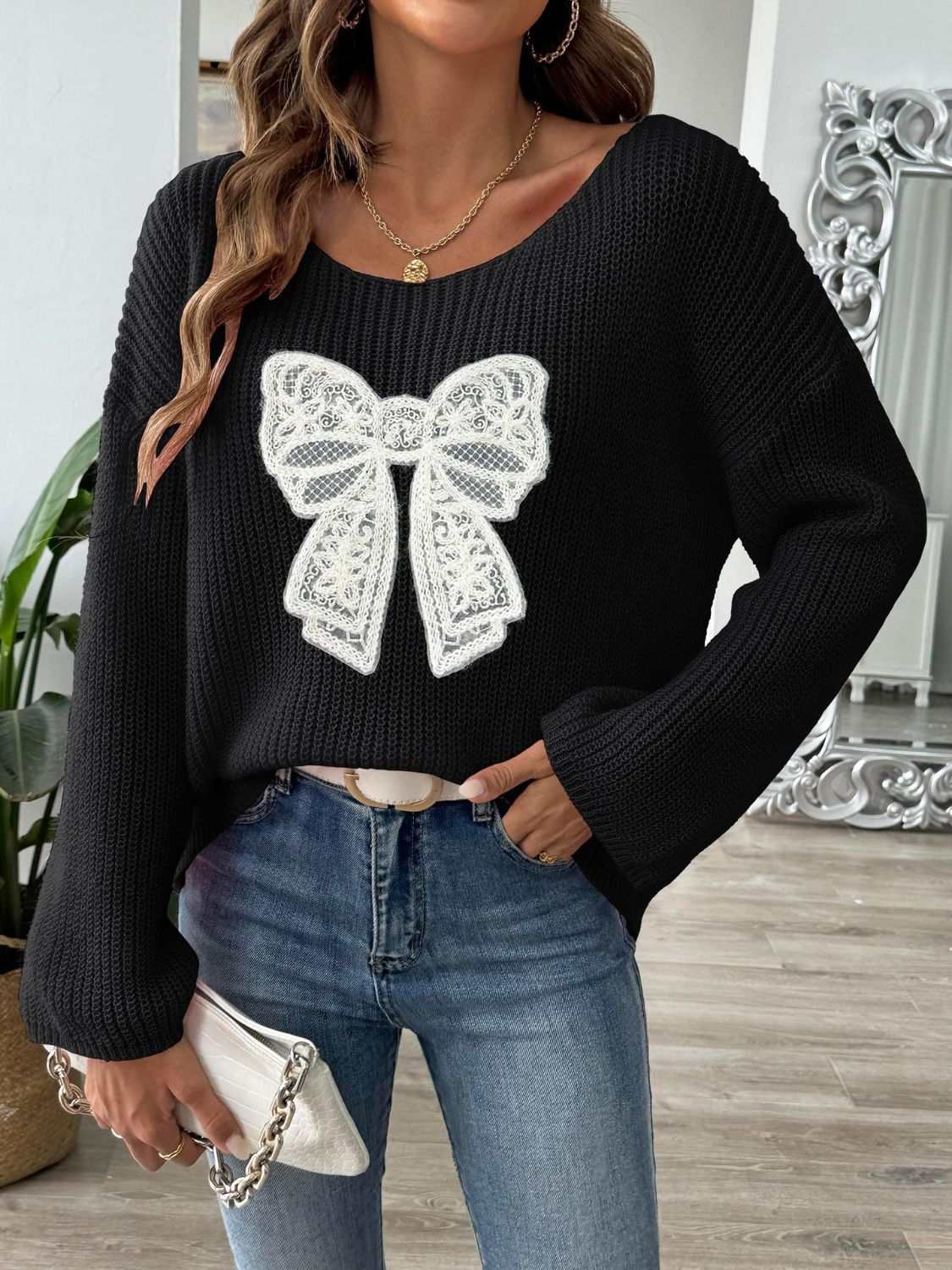 Bow Boat Neck Long Sleeve Sweater with Lace Bow Design, Black, Women's Fashion