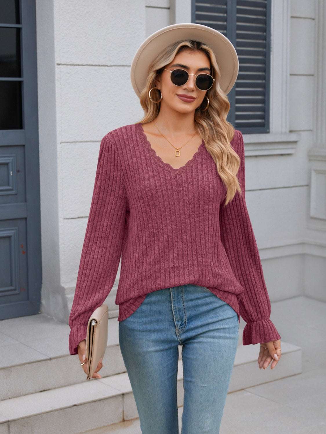 Lace Detail V-Neck Long Sleeve T-Shirt