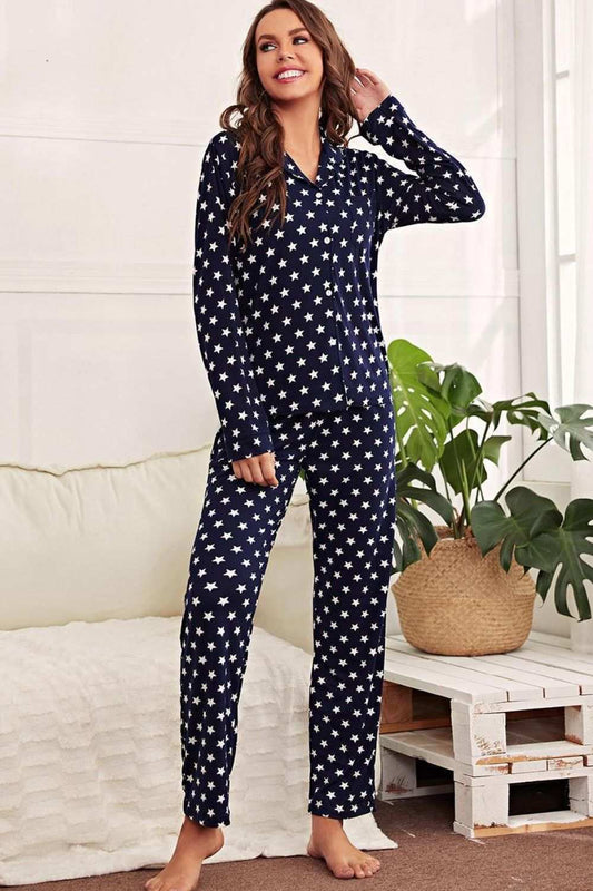 Star Print Button-Up Shirt and Pants Lounge Set in navy blue with white star pattern, minimalist style, long sleeves, lapel collar.