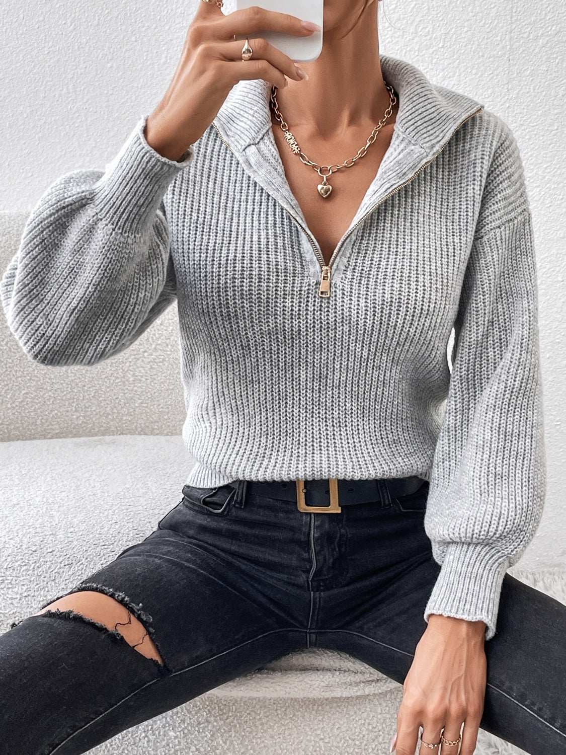 Honey Half Zip Dropped Shoulder Sweater Gray